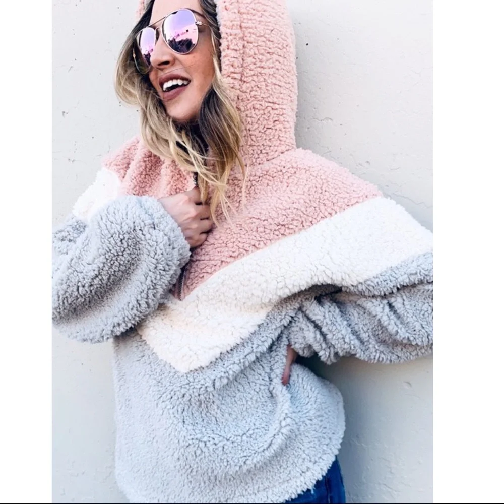 #16 Cozy Vegan Fur Color Block Hoodie Sweater Top - Picture 1 of 4
